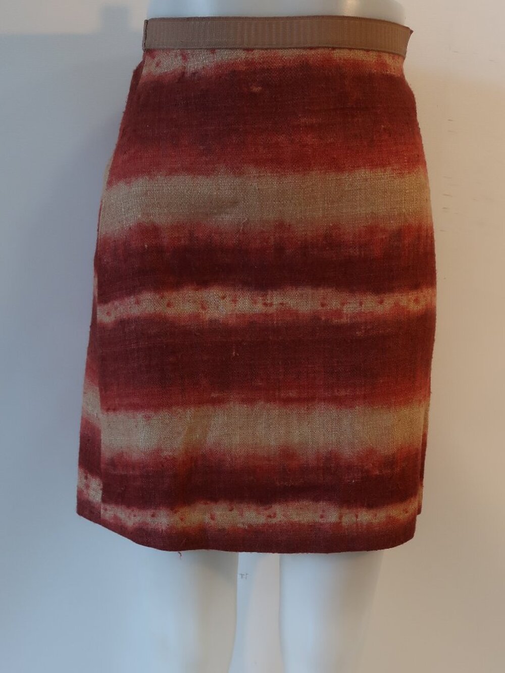 Womens Prada Red Tan (Item-68) Pure Silk Woven Burlap-Like Vintage Skirt 38 US/2